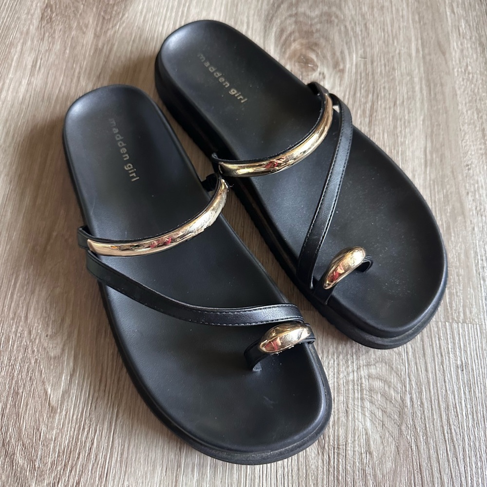 Steve Madden Black Leather Slide Sandals with Gold Accents
